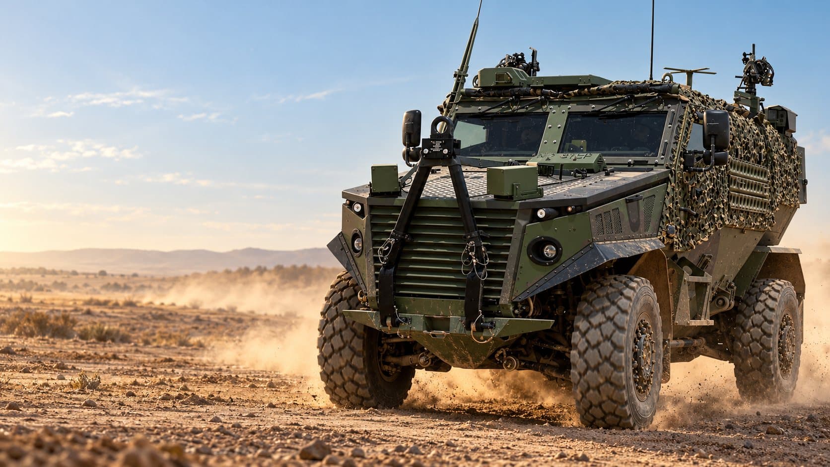 Four-wheeled armoured patrol vehicle in olive green with camouflage netting along its side, a winch frame on the front and roof-mounted equipment, driving across a dusty track under a blue sky