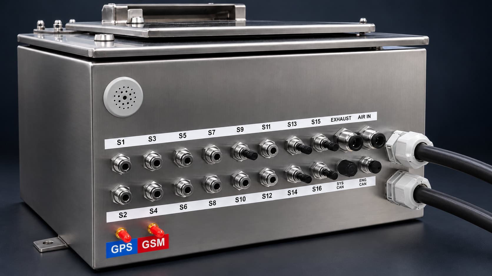 Stainless steel enclosure with two rows of labelled push-in ports, S1 to S16, exhaust and air-in fittings, SYS CAN and ENG CAN connectors, red-capped GPS and GSM antenna connectors and a speaker grille, with two black cables leaving through grey cable glands