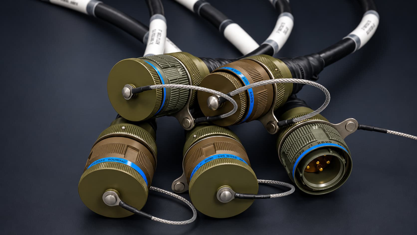 Five olive-drab circular connectors with blue identification bands on black cable assemblies with white marker sleeves, four closed with dust caps on braided lanyards and one open to show its gold pins