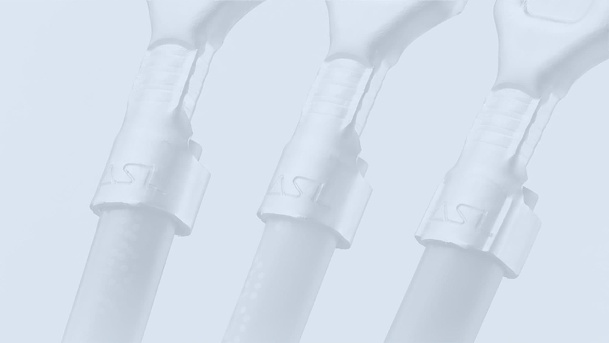 Three crimped terminals embossed with the ASL mark, shown faintly in pale blue