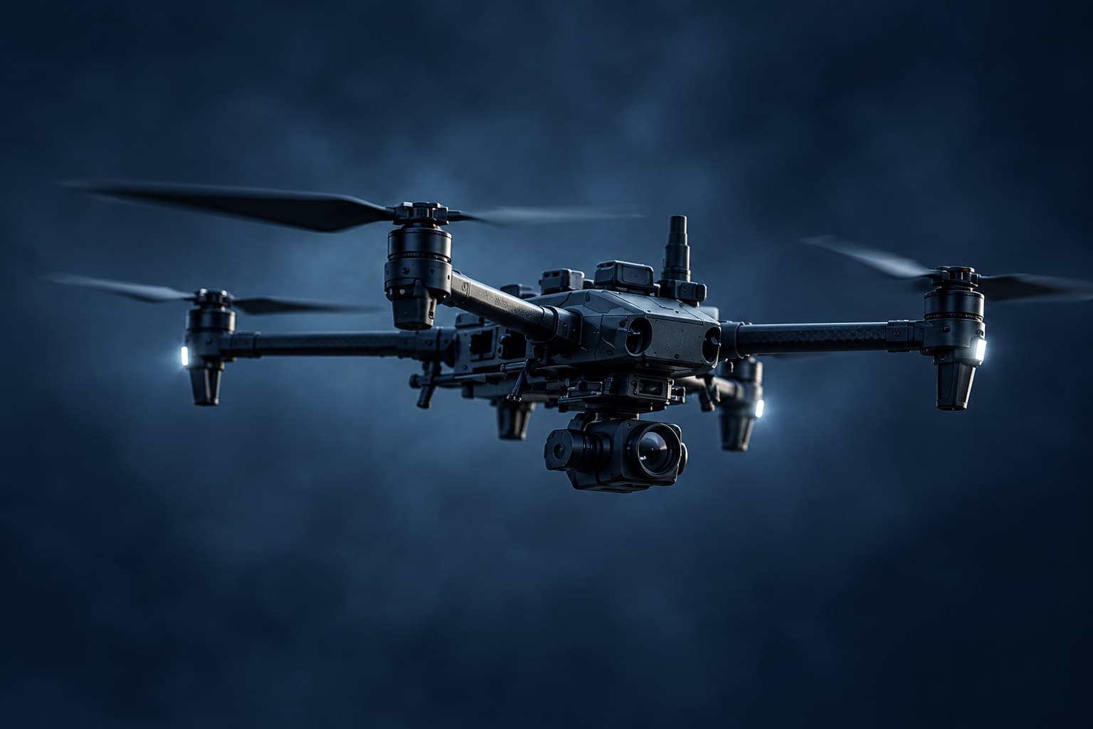 Compact black quadcopter drone in flight against a dark navy sky, with folding arms, spinning propellers, small navigation lights and a camera gimbal slung beneath the body