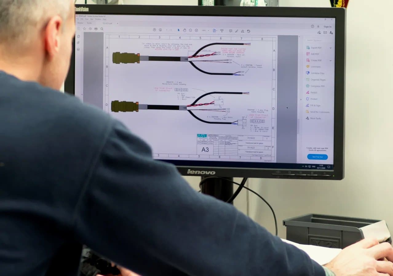 An ASL engineer checking a cable assembly drawing on screen: two connector leads with their wiring, pin-outs and an ASL title block
