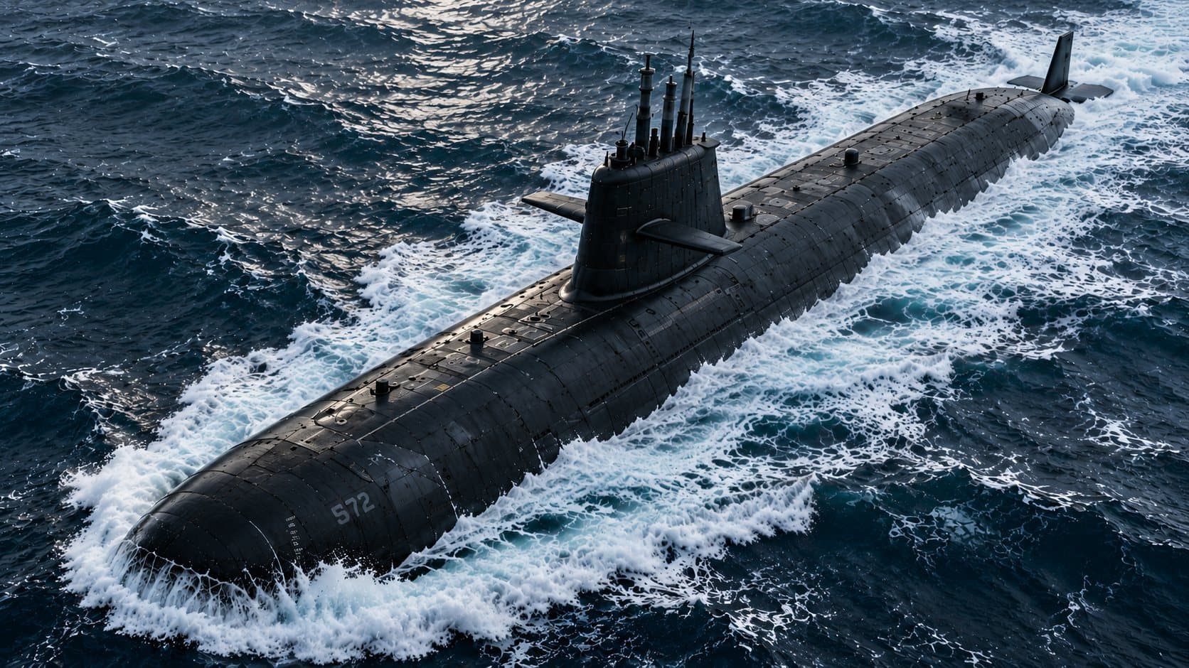 Black submarine running on the surface through dark blue open sea, seen from above, with its fin, masts and hydroplanes and white water breaking along the hull