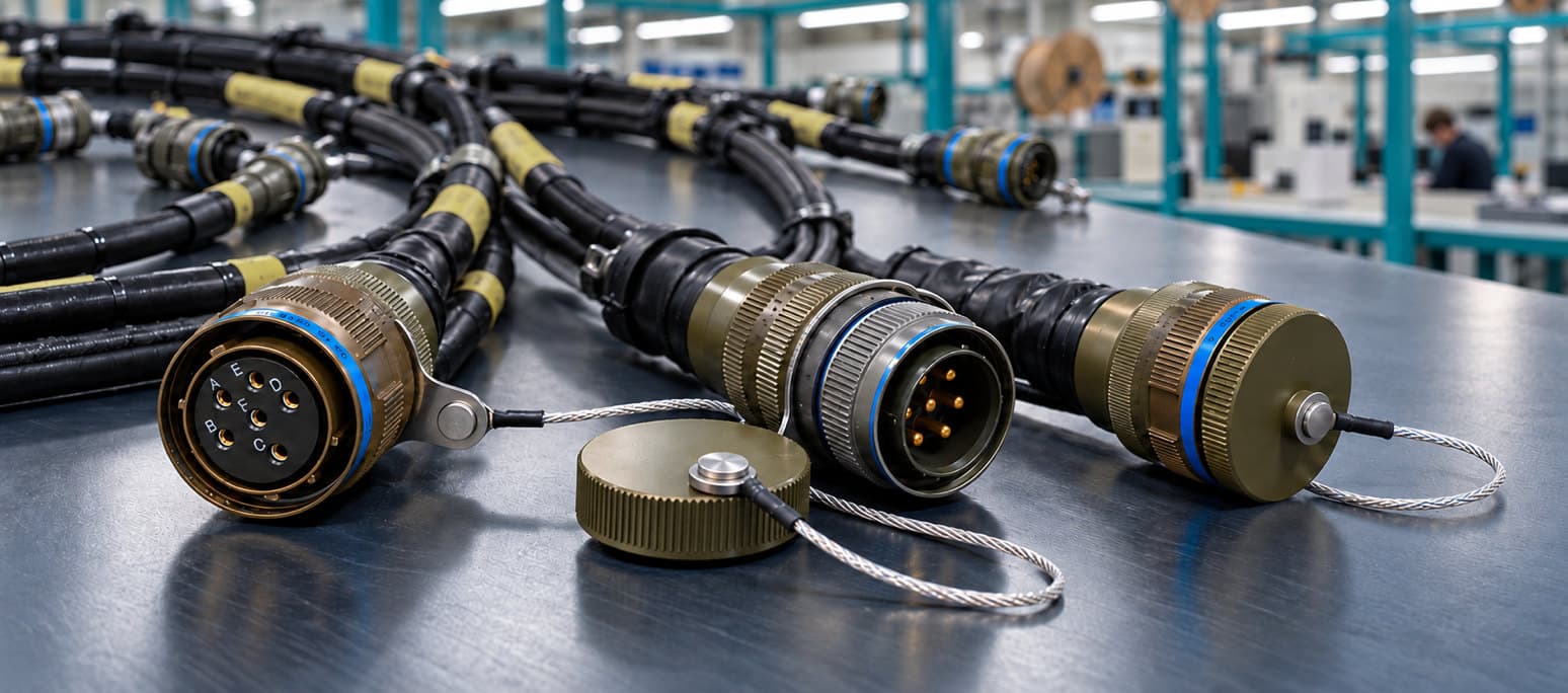 Multi-branch wiring loom in black sleeving with yellow marker sleeves on a steel workbench, ending in olive-drab circular connectors with blue identification bands: one open socket with lettered contacts, one open plug with gold pins and one closed with a dust cap, with a loose dust cap on a braided lanyard in front and a production hall with teal steelwork and cable reels behind